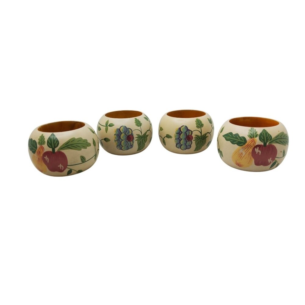 Set Of 4 Vintage Hand-Painted Wooden Napkin Rings With Fruit & Leaf Design